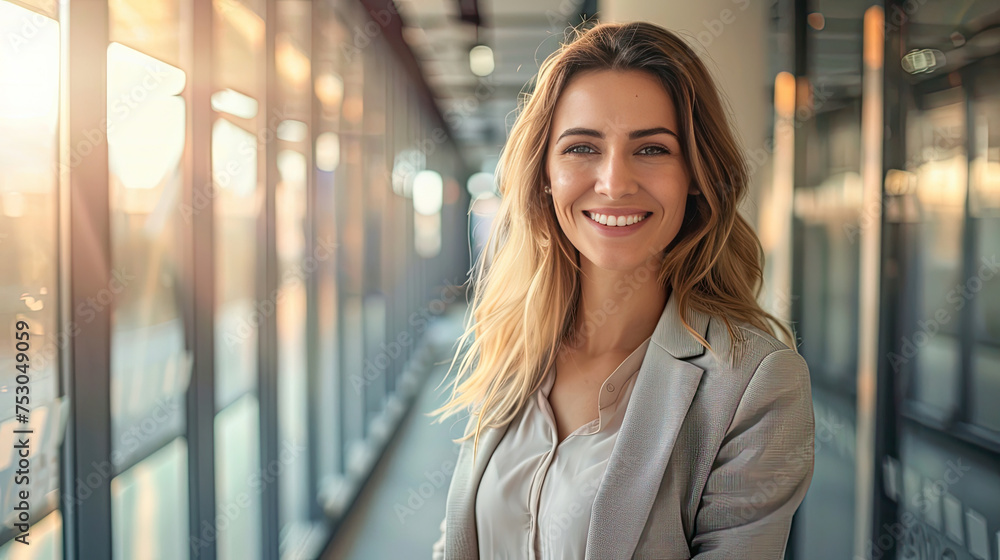 Portrait of happy businesswoman in office corridor. Portrait of happy businesswoman in office corridor.