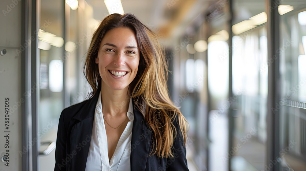 Portrait of happy businesswoman in office corridor. Portrait of happy businesswoman in office corridor.