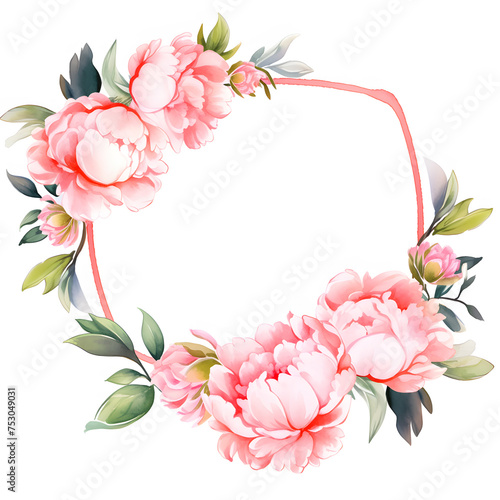 A square frame featuring pink flowers and green leaves on a white background. This creative arts piece showcases artificial flowers with delicate petals  resembling a blooming rose plant