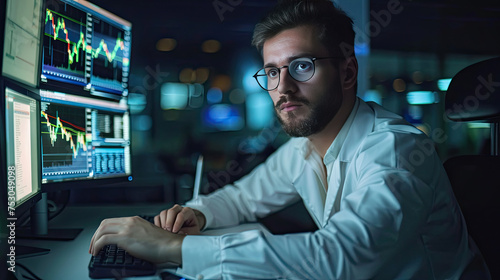 Portrait of Young Handsome Stock Exchange Broker Working on Computer, Researching Real-Time Stocks Data, Analyzing Commodities and Exchange Market Charts. Professional Investment Agent in Office.