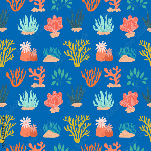 Seamless pattern with colorful different seaweeds on a blue background. Vector