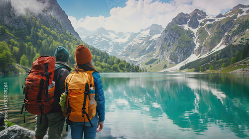 Travelers couple look at the mountain lake. Travel and active life concept with team. Adventure and travel in the mountains region in the Austria. © Santy Hong