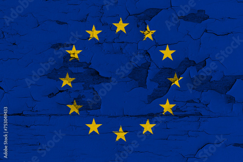 European Union Flag Painted on Old Wood Plank Background