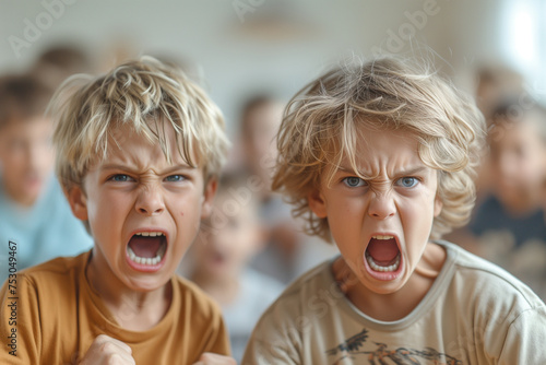 Children Victims Aggression. School boys fight in a classroom, kids aggression and bullying concept photo