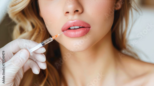 The doctor cosmetologist makes beauty injections procedure with hyaluronic filler for plump lips. The young beautiful woman is receiving beauty procedure in clinic. Aesthetic medicine.