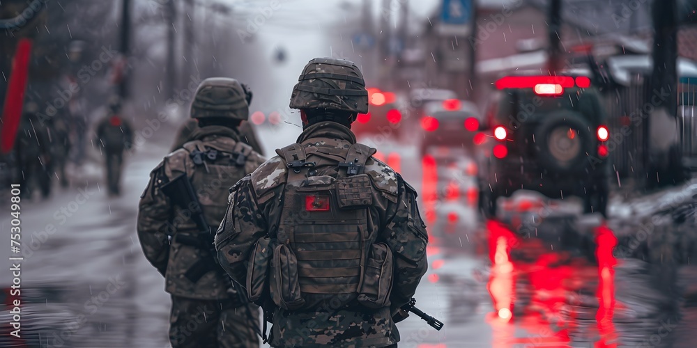 Soldiers Walking in the Rain, To convey a sense of resilience and determination in the face of adversity Soldiers Walking in the Rain, To convey a sense of resilience and determination in the face of adversity
