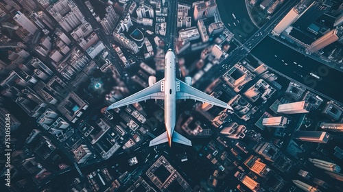  Aerial view of a plane flying over a busy metropolitan area © WARIT_S
