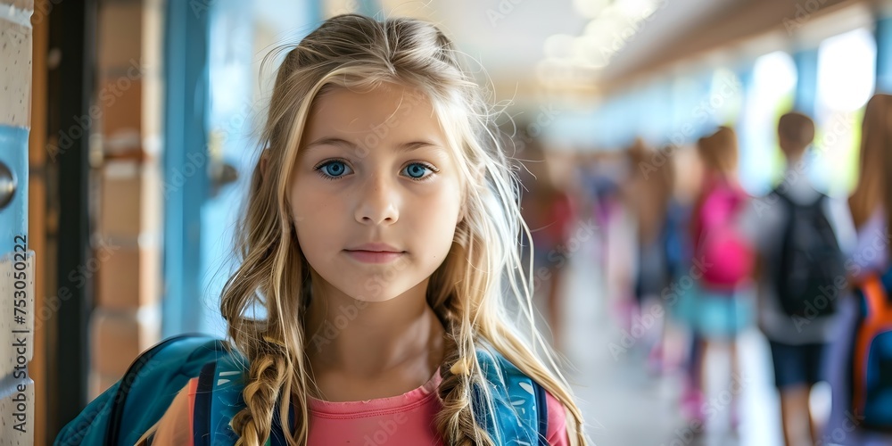 Young Girl Waiting in School Hallway, This image captures the anticipation and vibrance of a young girls daily routine, perfect for school-related Young Girl Waiting in School Hallway, This image captures the anticipation and vibrance of a young girls daily routine, perfect for school-related