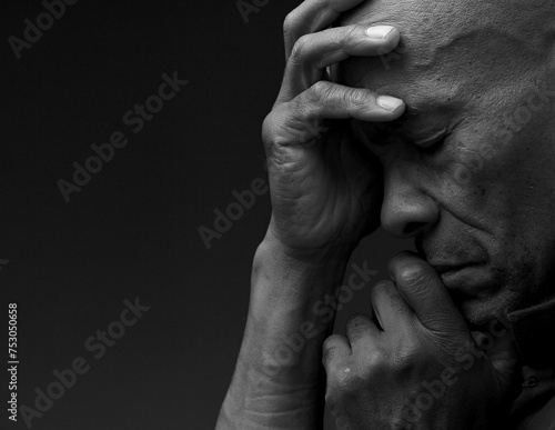 black man praying to god with hands together Caribbean man praying with people stock image stock photo