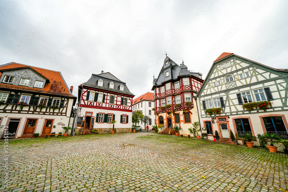 Traditional architecture with old half-timbered houses in the town of Heppenheim an der Bergstrasse.
