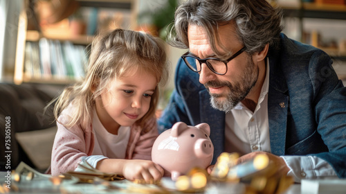 Father teaches child to save money using piggy bank, illustrating financial education. Financial literacy for children.