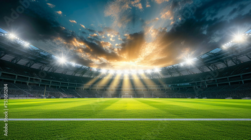 The backdrop of a soccer stadium field, ready for action and sporting excitement