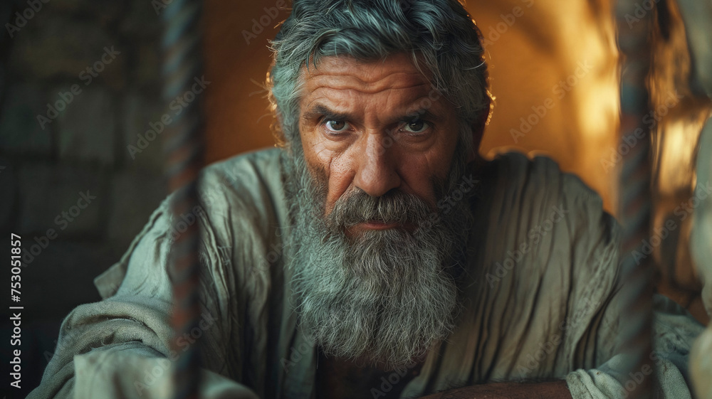 A poignant depiction of a man resembling the biblical Paul, with a penetrating gaze and a beard, suggesting deep contemplation, possibly in confinement.