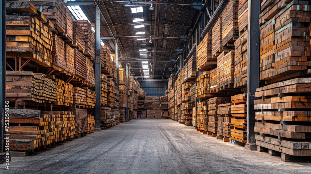 A lumber yard filled with stacks of wooden beams and planks resting on metal racks. Construction store, sawmill. A lumber yard filled with stacks of wooden beams and planks resting on metal racks. Construction store, sawmill.