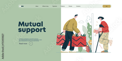 Mutual Support Buying groceries for ill neighbor -modern flat vector concept illustration of man carrying shopping bags for woman on crutches Metaphor of voluntary, collaborative exchanges of services