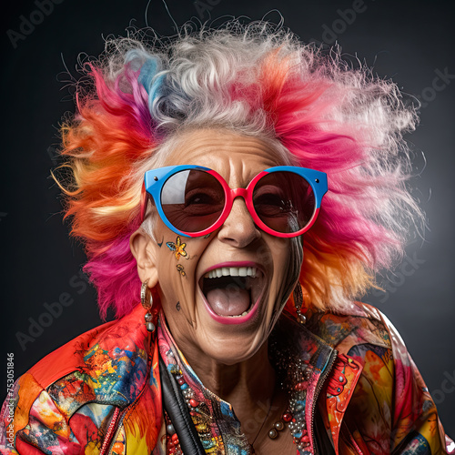 Verrückte temperamentvoller Großmutter in ausgefallenem Outfit und Sonnenbrille, Generative AI