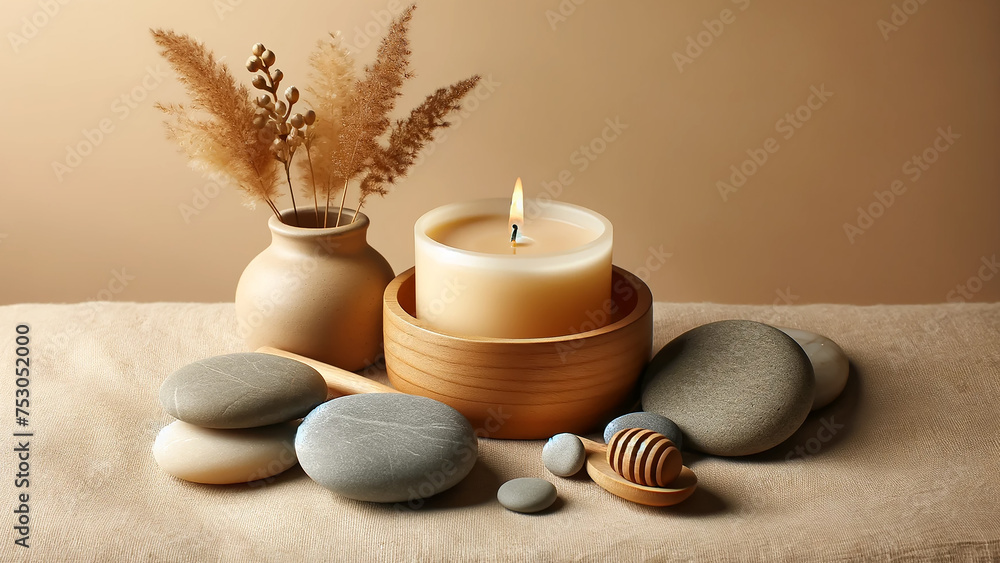 Aroma candle perched on a beige background, accompanied by smooth stones, embodying warm aesthetic