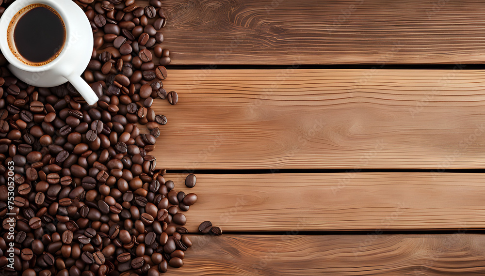 Coffee beans on a wood table with copy space. AI Generated. Coffee beans on a wood table with copy space. AI Generated.