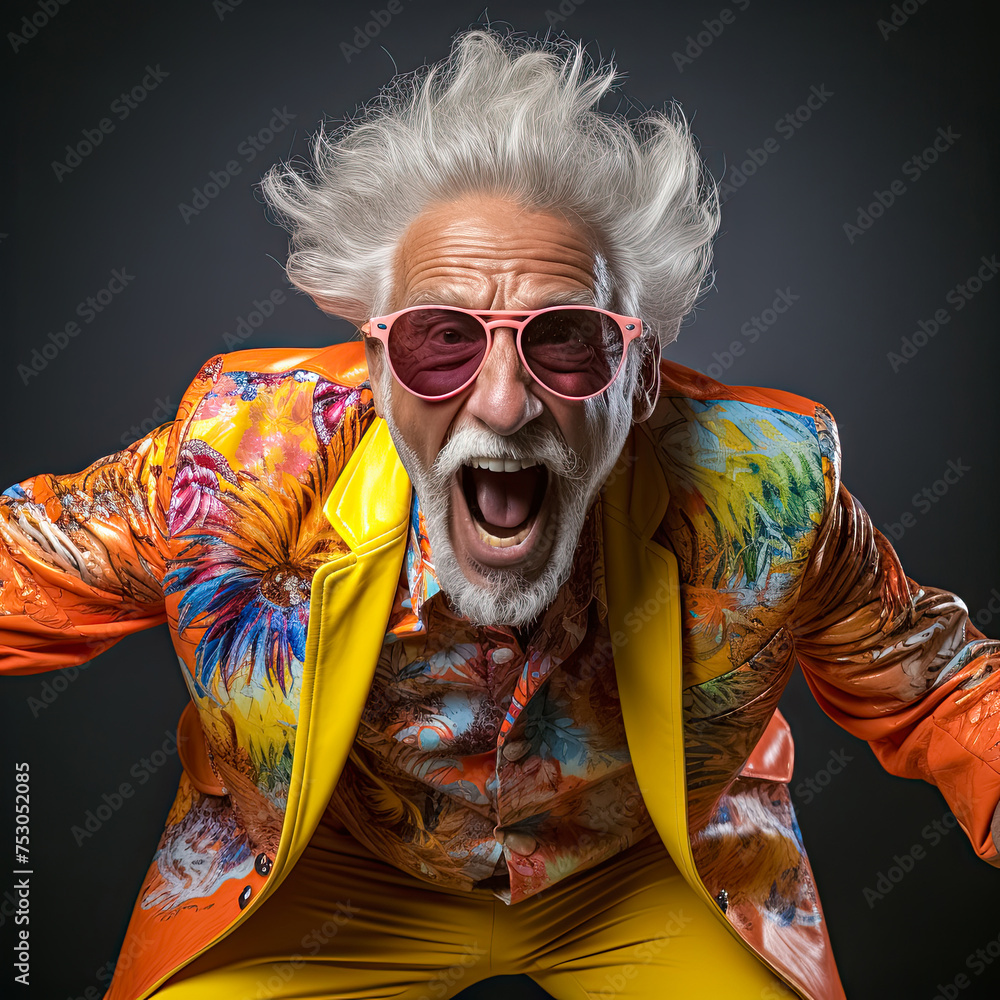 Verrückter temperamentvoller Großvater in ausgefallenem Outfit und Sonnenbrille, Generative AI