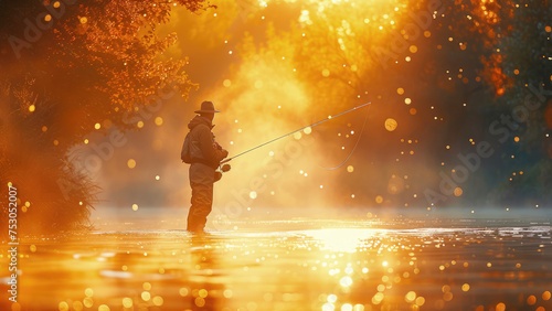 Hobby and leisure, fisherman on river fishing catches fish, early morning, with golden sunlight.