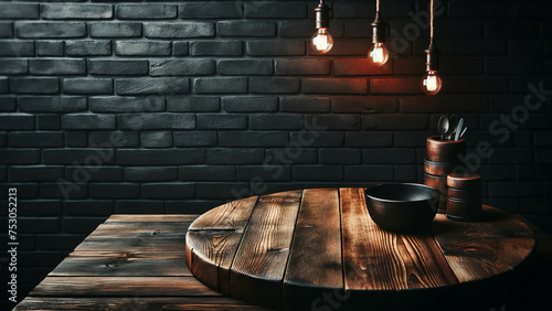 empty brown wooden table, with the old black brick wall blurred in the background, photo