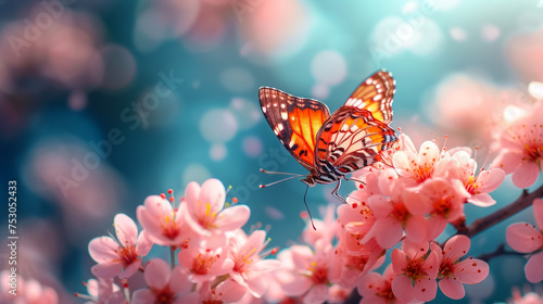 Branches blossoming cherry on background blue sky, fluttering butterflies in spring on nature outdoors. Pink sakura flowers, amazing colorful dreamy romantic artistic image spring nature, copy space © Mujahid