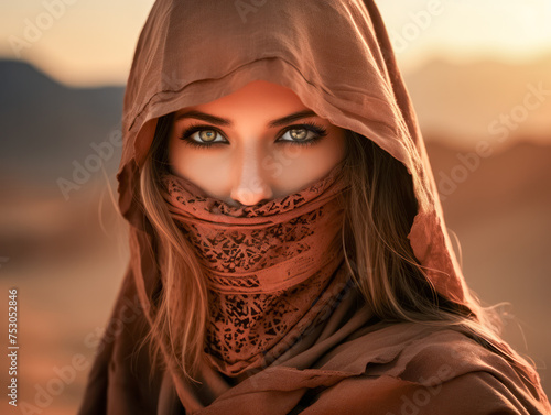 Portrait einer hübschen verschleierten Araberin in traditioneller Kleidung im Sonnenuntergang in der Wüste, Generative AI photo