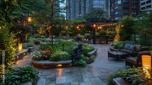Evening Elegance, rooftop garden in the evening, illuminated by soft ambient lighting and twinkling city lights, generative AI