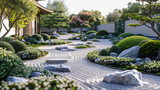 Detailed view of a Japanese Zen garden with neatly raked sand, pruned trees, and carefully placed rocks
