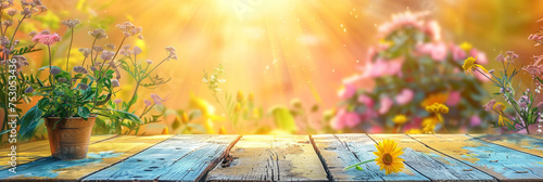 empty wood table on beautiful daisies flower and vase background at sunny day, beige wood table on blurred natural flower spring background with bokeh light, empty space, product display,banner