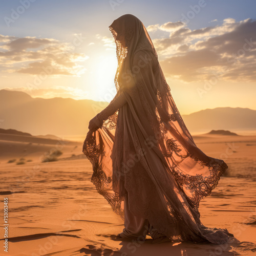 Araberin in traditioneller Kleidung, schaut in den Sonnenuntergang über der Wüste, Generative AI