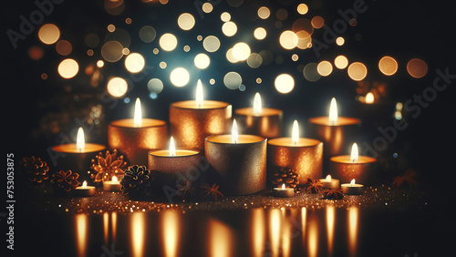 burning candles set against a dark background, with bokeh glitter lights