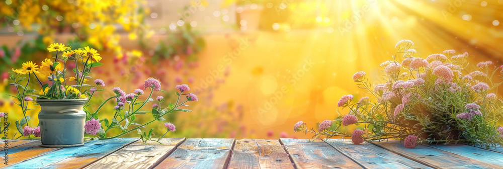 empty wood table on beautiful daisies flower and vase background at sunny day, beige wood table on blurred natural flower spring background with bokeh light, empty space, product display,banner - obrazy, fototapety, plakaty 