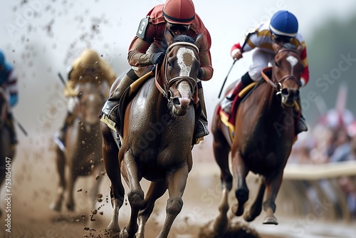 Horses running past on the racetrack, Kentucky Derby.