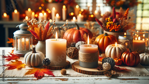 Burning candles set amidst a vibrant autumn decor on a white table at home