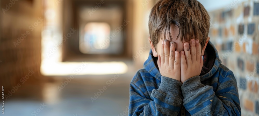 Troubled teen in school corridor, hands on face, blurred background, learning difficulties concept Troubled teen in school corridor, hands on face, blurred background, learning difficulties concept