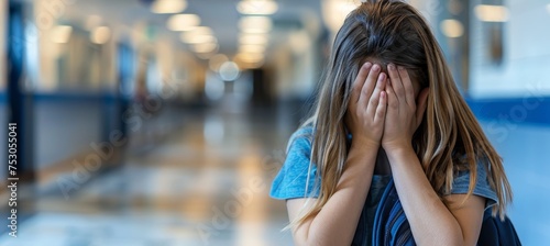 Upset teenage girl crying in school corridor, learning difficulties concept with copy space photo
