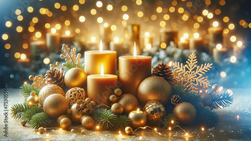 holiday table arrangement adorned with burning candles, offering a soft