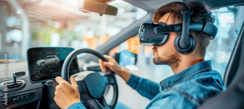 Virtual reality driving school exam simulation with man using steering wheel in car simulator