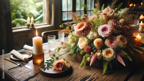 burning candle and beautiful flowers arranged on a wooden table indoors