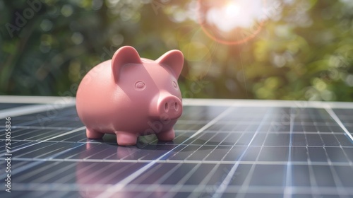Piggybank on solar panel concept Solar energy money saving photo