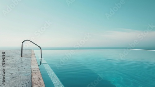 Utilize negative space to emphasize the modern minimalist design of the swimming pool, framing the pool against a vast expanse of sky or a minimalist landscape, generative AI © Hifzhan Graphics