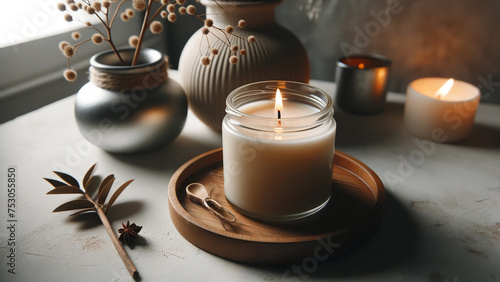aromatic candle burning within a jar, showcasing a soy wax candle with a natural wick.