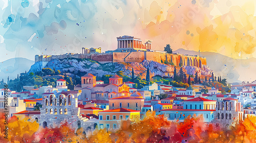 Watercolor touristic card of  Athens photo