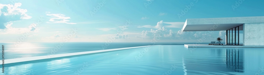 Utilize negative space to emphasize the modern minimalist design of the swimming pool, framing the pool against a vast expanse of sky or a minimalist landscape, generative AI
