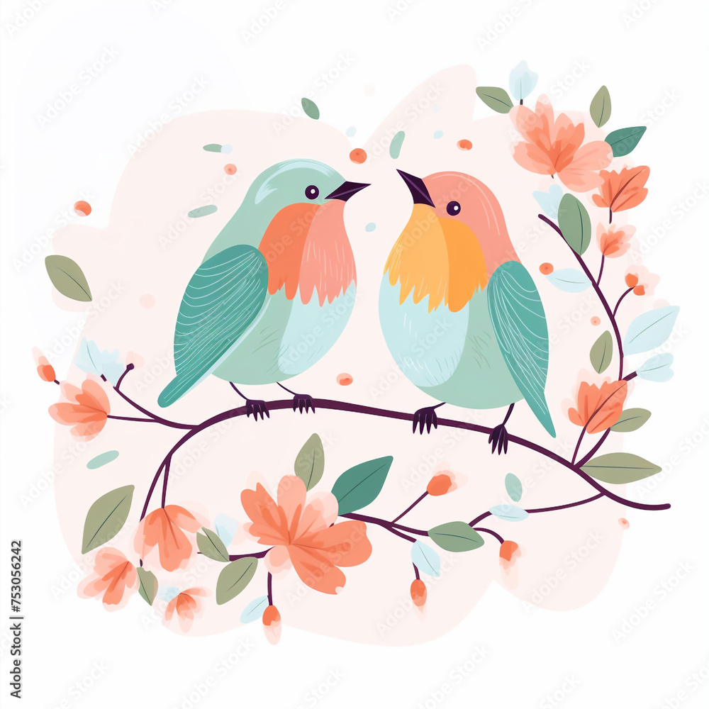 Spring birds on a branch, pastel colors, isolated illustration in flat style Spring birds on a branch, pastel colors, isolated illustration in flat style