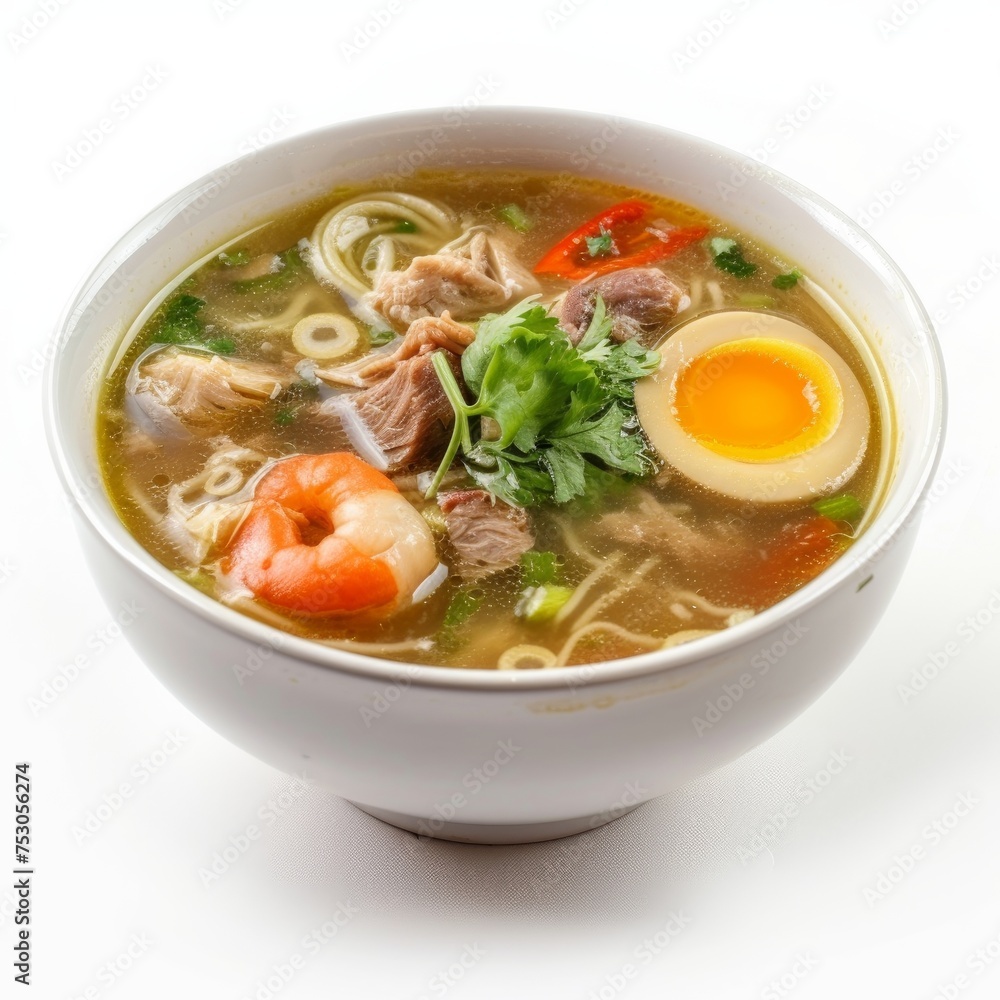 Soto: A traditional Indonesian soup with various regional variations, made with broth, meat , vegetables, and rice noodles or rice. photo on white isolated background