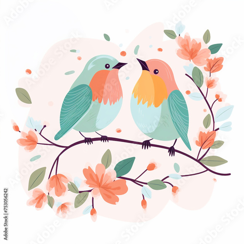 Spring birds on a branch, pastel colors, isolated illustration in flat style © Tatiana