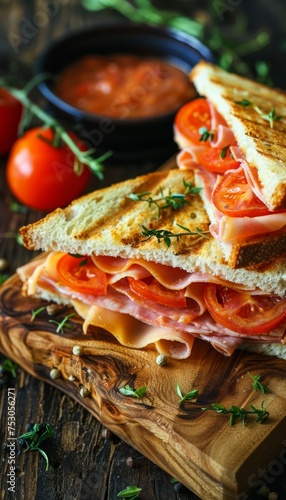 Mouthwatering triangle sandwich filled with savory ham, cheese, fresh tomato, and a side salad