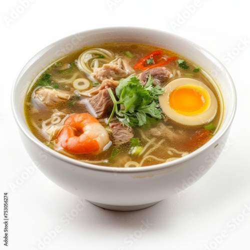 Soto: A traditional Indonesian soup with various regional variations, made with broth, meat , vegetables, and rice noodles or rice. photo on white isolated background